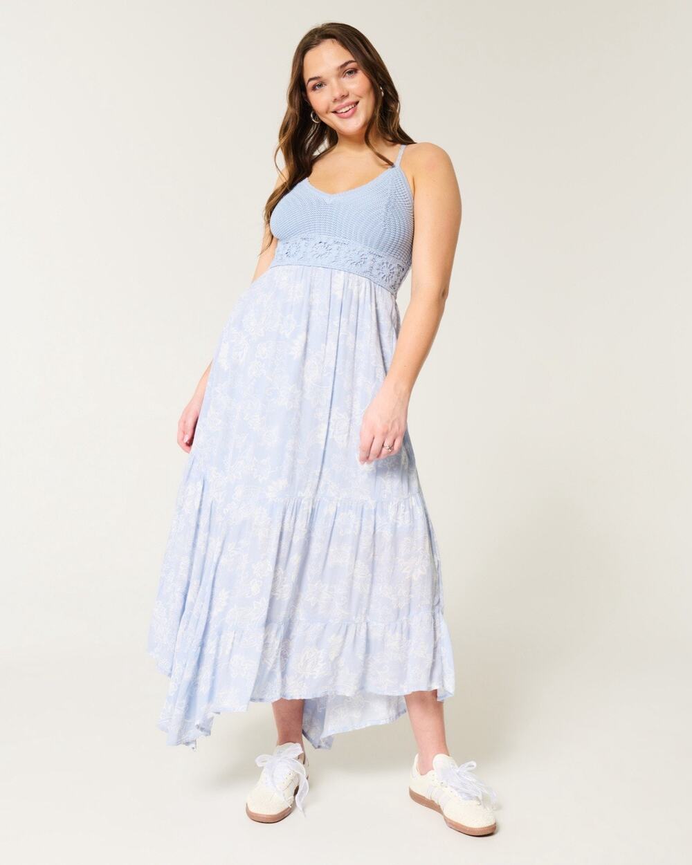 Hollister Crochet Style Mix V-Neck Blue Maxi Dress Medium NWT Cottage Granola